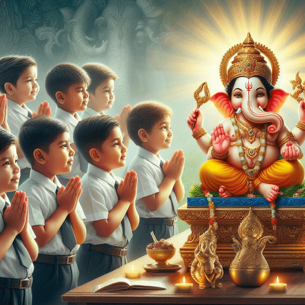 Children Worshipping Ganesha An image depicting children praying to Lord Ganesha, symbolizing his role in education